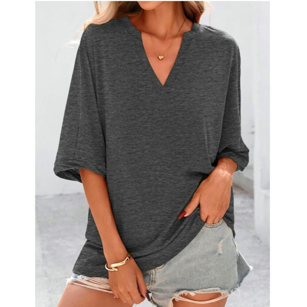 MASCOMODA Oversized Shirt Women SZ M V-Neck Short Sleeve Basic Tunic Loose Fit - Picture 2 of 8